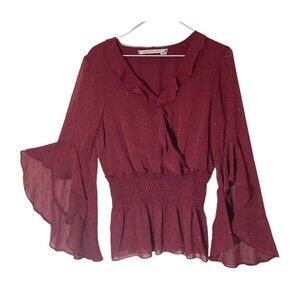 Chelsea & Violet Womens Blouse M Top Burgundy Ruffles Flowy Fairy Semi Sheer